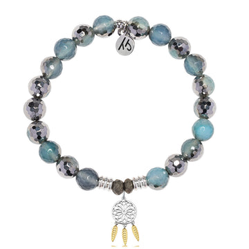 Blue Silver Agate Gemstone Bracelet with Dreamcatcher Sterling Silver Charm